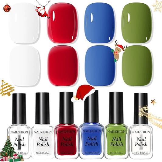 Nail Polish Set with Base & Top Coat, Rich in Castor Oil, Red Green Blue White French Nail Polishes for All Seasons, Quick Dry, Vegan,Hema-free, Non-Gel, DIY Nails Art Gift for Women