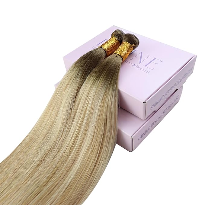 Fshine Sew in Genius Weft Hair Extensions Human Hair Color Chestnut Brown to Honey Blonde Mix Platinum Blonde Natural Hair Extensions 18 Inch Brazilian 50g Remy Hair for Women