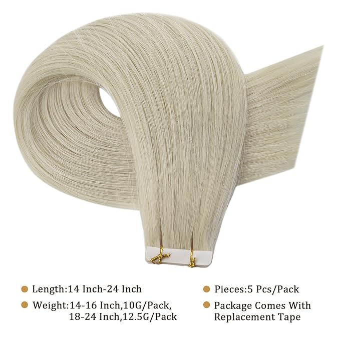 Full Shine Injected Tape Hair Extensions 5Pcs Color 1000 Blonde Virgin Intact Tape in Hair Extensions Seamless Skin Weft Tape ins Extensions 16 Inch Human Hair Extension 10Gram Straight Hair