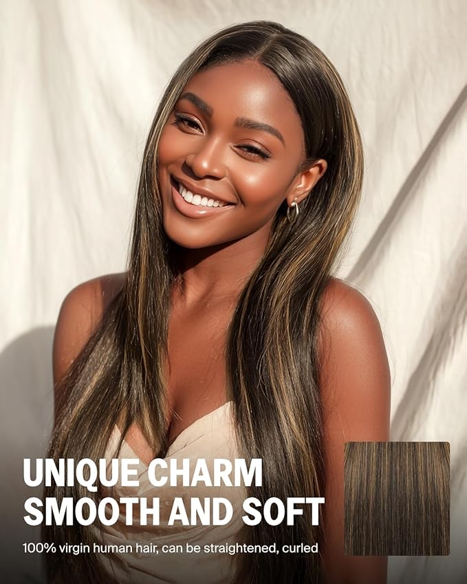 6x5 Glueless Wigs Human Hair Pre Plucked Pre Cut Balayage Wig Human Hair 220% Density Lace Closure Wig Highlight Straight Wig Human Hair FB27# Bleached Knots 28 Inch