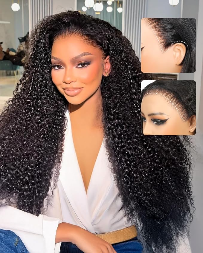 13x6 HD Deep Wave Lace Front Wigs Human Hair Pre Plucked Glueless Wear and Go Curly Human Hair Wig Upgraded Pre Cut Ear-to-Ear Frontal Drawstring Pre Bleached Knots Glueless Wig 26 Inch