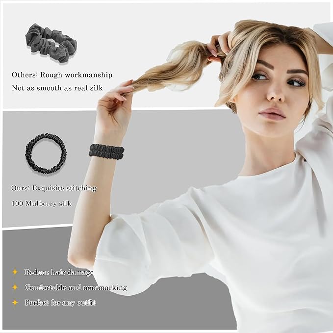 Mulberry Silk Hair Scrunchies – 8 Pack Soft & Smooth Pure Skinny Silk Scrunchies, Hair Ties for Women Girls, Elastic Ponytail Holders No Damage