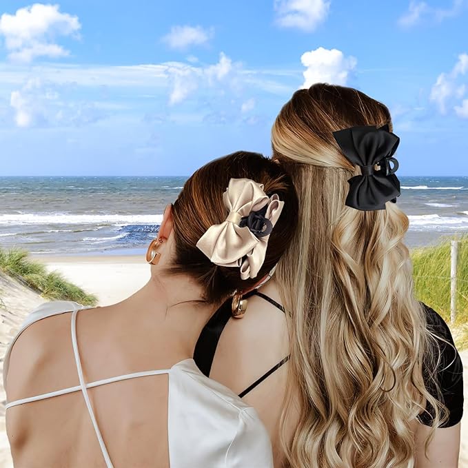 Bow Claw Clip,StrongHold Cute Bow Hair Claw Clips for Women Girls,Nonslip Silky Big Hair Bows Ribbons for Hair Claws,Large Claw Clips for Thick/Thin Hair Styling Accessories Gifts (balck,champagne)