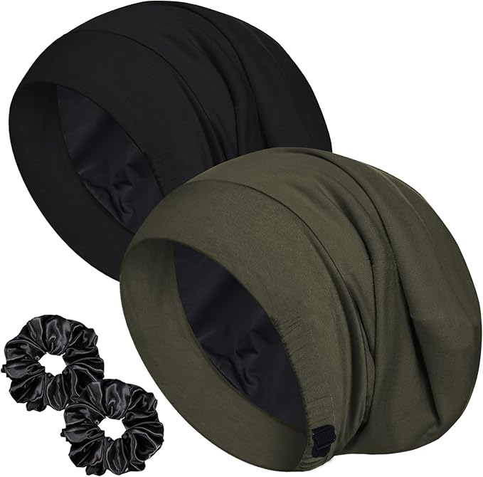 Sleep Cap Bonnet for Sleeping, Adjustable Cooling Ice Silk Lined Hair Bonnets for Natural Curly Braids Beanie Hat Women Men