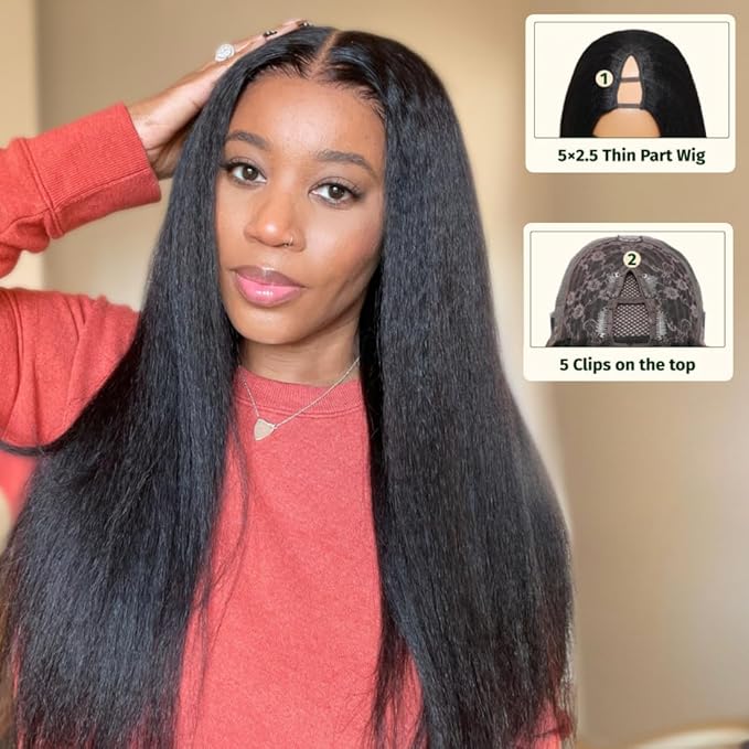 Sunber Yaki Straight V Part Human Hair Glueless Wig Upgrade U Part Wig No Leave Out Vpart light yaki straight Machine Made Clip In Half Wigs No Leave Out Real Scalp V Shape 150% Density 16Inch