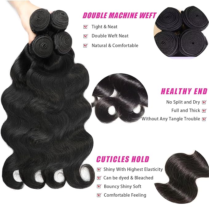16A Raw Human Hair Bundles 16 18 20 22 Inch Body Wave Bundles Human Hair 100% Unprocessed Brazilian Virgin Hair 4 Bundles Human Hair Natural Color Extensions Quick Weave