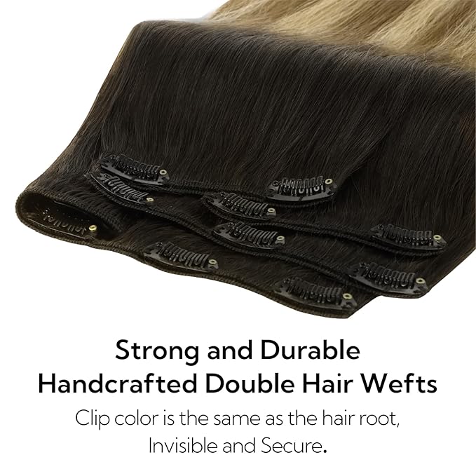 HOTBANANA Clip in Hair Extensions Real Human Hair, 135g 9pcs 16 inch Balayage Ombre Brown to Dirty Blonde Straight Remy Clip in Extensions Full Head for Women