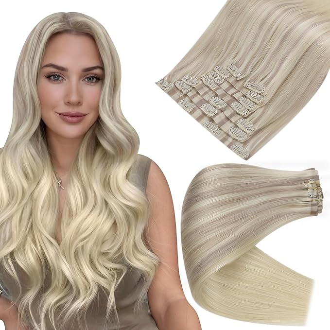 Full Shine Human Hair Clip in Extensions Real Hair Ash Blonde Ombre Light Blonde Mix Platinum Blonde 14 Inch Seamless Clip in Hair Extensions Full Head 8PCS 120 G