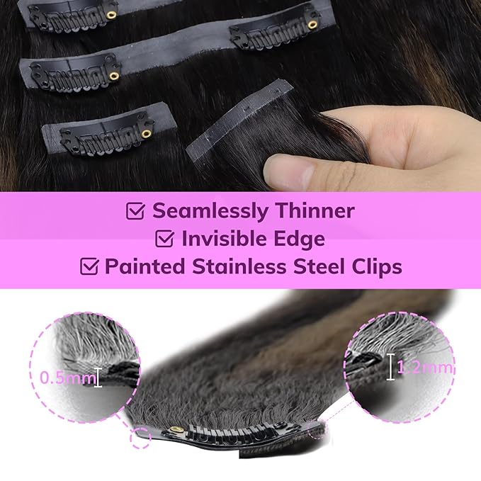 IDN BEAUTY Seamless Clip In Hair Extensions Human Hair, Kinky Straight 14 Inch 110g 7pcs, 1B/6/1B Balayage Natural Black to Chestnut Brown Remy Hair Seamless Clip Ins For Black Women PU Invisible Edge
