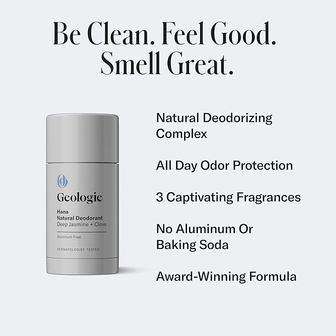 Geologie Hana Natural Deodorant | Jasmine + Clove Scent for Men & Women | Sensitive Skin Safe | Aluminum-Free, Baking Soda-Free, Dermatologist Tested, Vegan, Sulfate-Free, Paraben-Free | (2.6 oz)