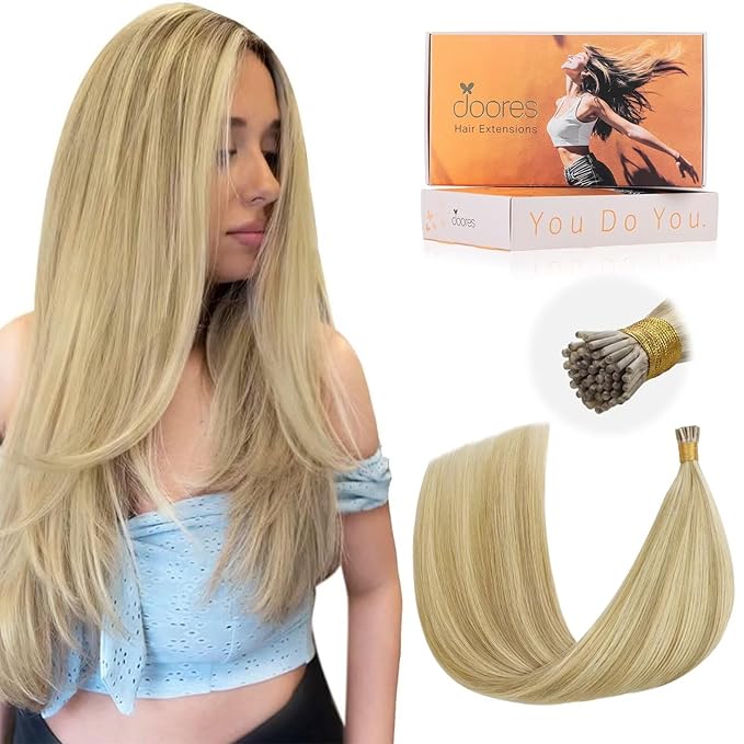 DOORES I Tip Hair Extensions - Light Blonde Highlighted Golden Blonde 50g/50s 22 Inch, I Tips Human Hair Cold Fusion Straight