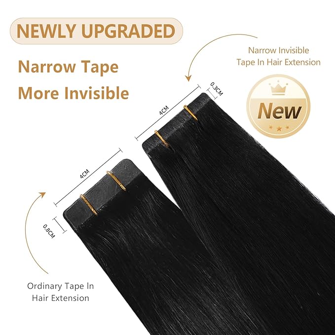 YILITE Invisible Tape In Hair Extensions Human Hair 24inch #1 Jet Black Tape In Human Hair Extensions 20pcs 50g Seamless Skin Weft Black Hair Extension Tape