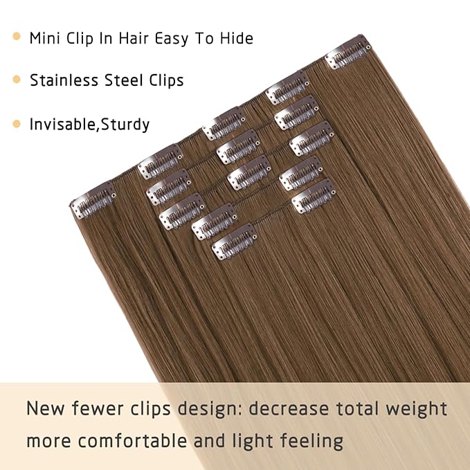Clip in Hair Extensions Straight 18 Inch Long Invisible Synthetic 5PCS Thick Clips on Hairpieces Heat Resistant Fake Extension for Women Weddings Party Daily Use Golden Copper 6.5 Oz