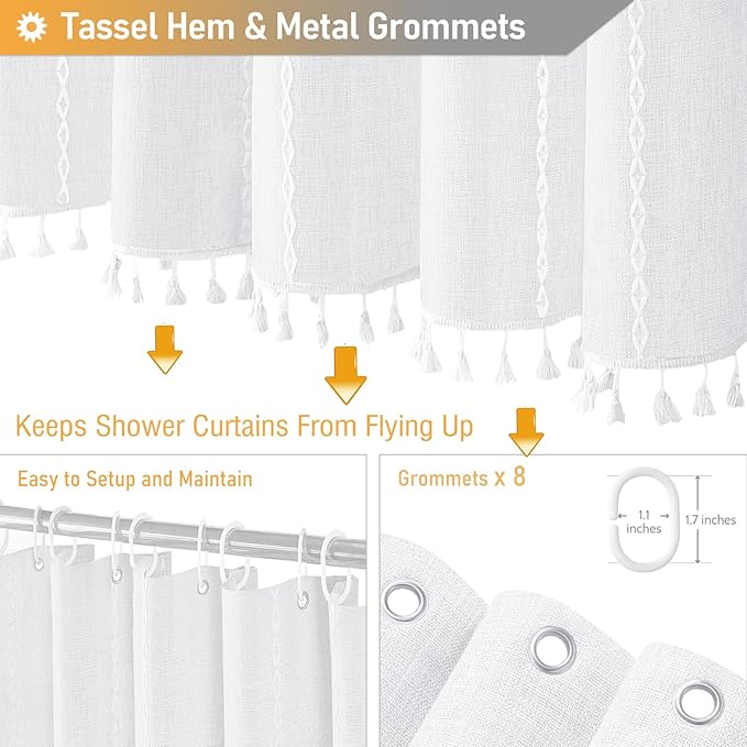 BTTN Boho Shower Stall Curtain - 48x72 Narrow Farmhouse Linen Ultra Thick Tassel Fabric Cloth Shower Curtain Set with 8 Hooks, Half Striped Camper RV Modern Country Shower Curtains for Bathroom, White