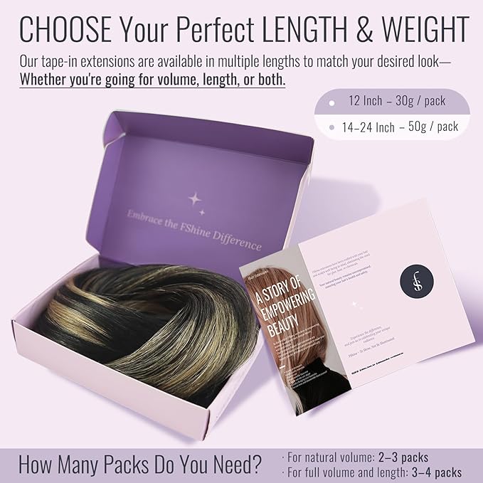 Fshine Tape in Human Hair Extensions Balayage Off Black Fading to Caramel Brown and 16 Inch 50g Ombre Remy Fow Women, Great for Stage Performance 20 Pcs