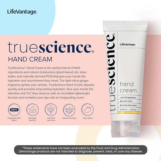 TrueScience Hand Cream (100ml) Nourishing Hydration for Dry Hands, with Shea Butter, Aloe Vera Juice, Sunflower Seed Oil, Vitamin Complex, and Nrf2 Actives in an Invigorating Citrus-Ginger Fragrance