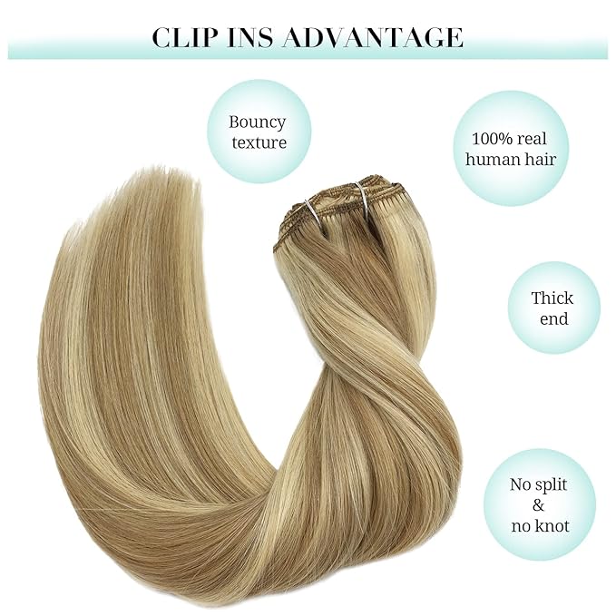 DOORES Hair Extensions Clip in Human Hair, 5pcs 80g Light Blonde Highlighted Golden Blonde Balayage 18 Inch Real Clip in Extensions Remy Hair Extensions Natural Straight