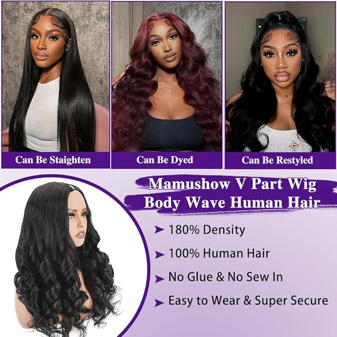 V Part Wigs Human Hair Body Wave 24 Inch Upgrade Glueless U Part Wigs With Drawstring 200% Density No Leave Out No Sew In V Shape Half Wig For Women Beginner Friendly Natural Black