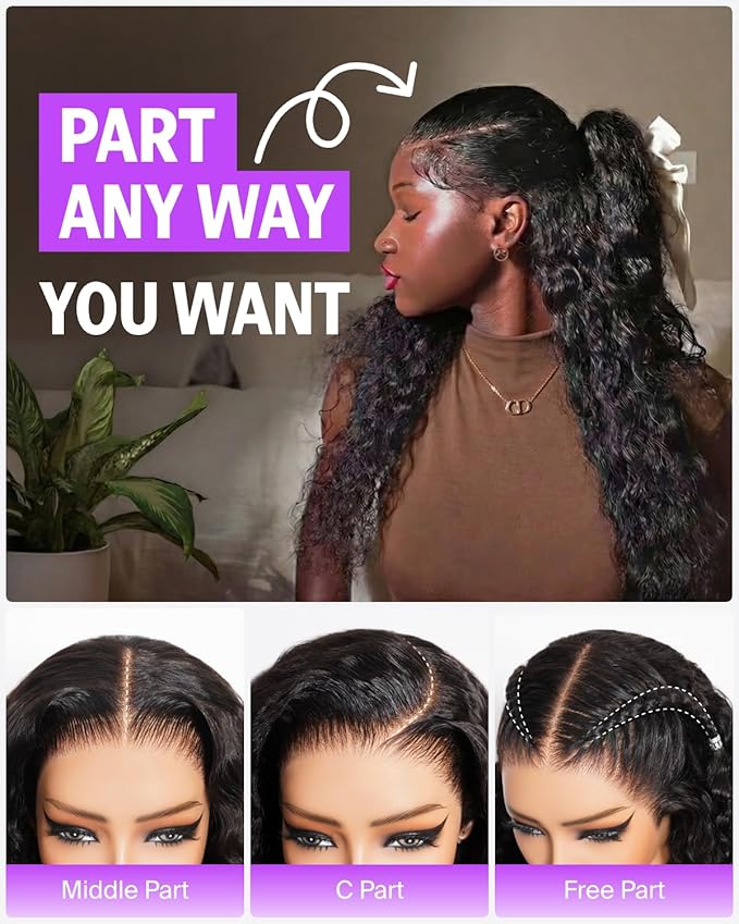 13x6 Three-Go™ Glueless Water Wave Lace Front Wigs Human Hair Pre Plucked Pre Cut 220% Density Ear-to-Ear Frontal Deep Curly Human Hair with Drawstring Wig 20 Inch