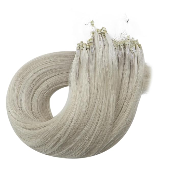 Full Shine Micro Loop Hair Extensions Real Human Hair Ice Blonde Soft Natural Human Hair 14 Inch Microlink Hair Extensions 50G with 7G Micro Beads Cold Fusion Extensions for Women