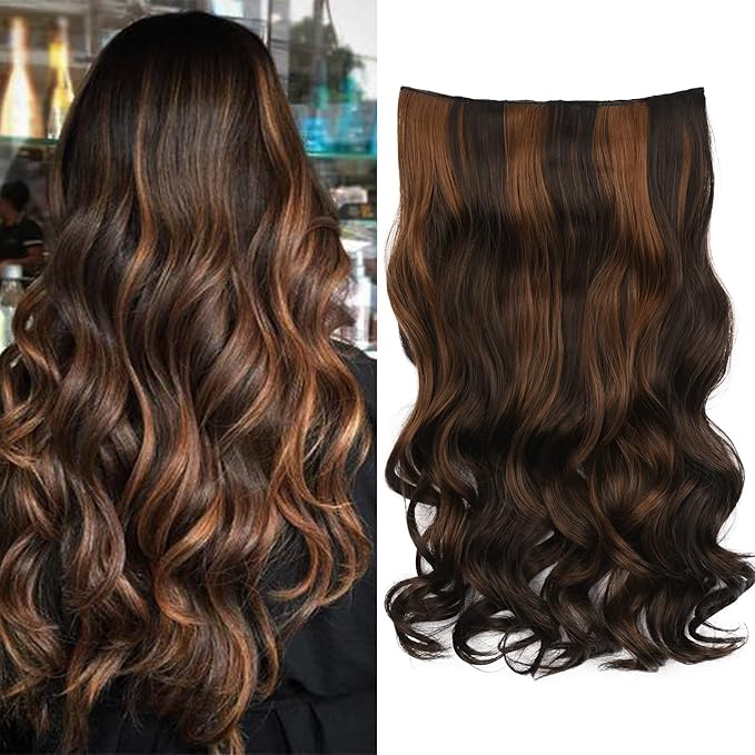 REECHO 16" 1-Pack 3/4 Full Head Curly Wavy Clips in on Synthetic Hair Extensions HE008 Hairpieces for Women 5 Clips 3.9 Oz per Piece - Dark Brown with Chestnut Highlights
