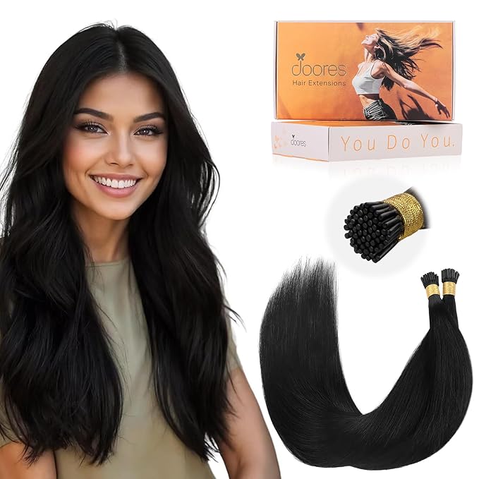 DOORES I Tip Hair Extensions Human Hair, 200s/100g 16 Inch Jet Black, I Tips Extensions Cold Fusion Remy Straight