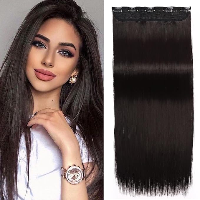 S-noilite Clip in on Hair Extension Long Straight Synthetic One Piece Full Head 5 Clips Hairpiece Heat-Resistant Hair For Party Women Fashion (23" straight, Natural Black)