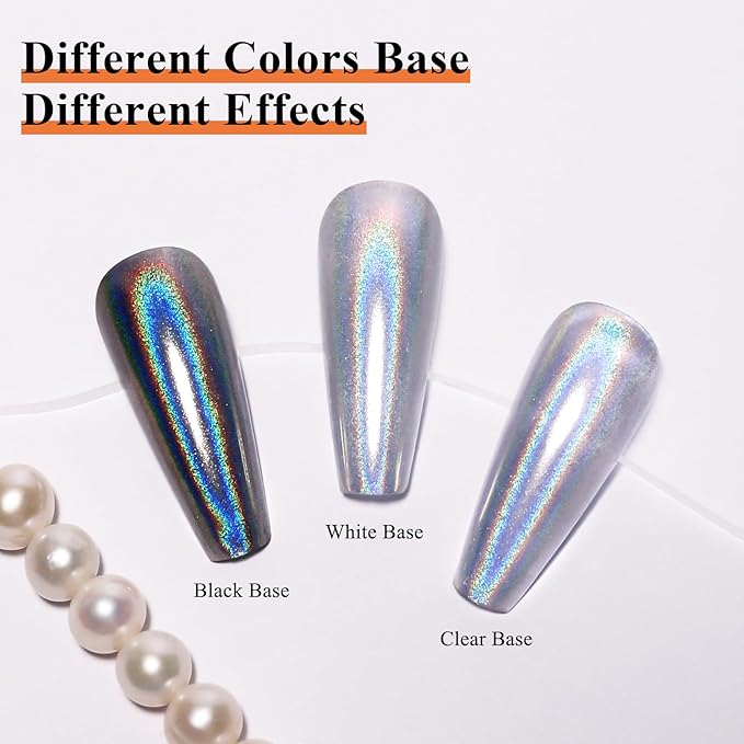 Imtiti Holographic Silver Chrome Nail Powder Kit,1g Holo Iridescent Silver Meatllic Mirror Effect Powder with 10ml White Color Gel Polish Metal Nail UV DIY Kit