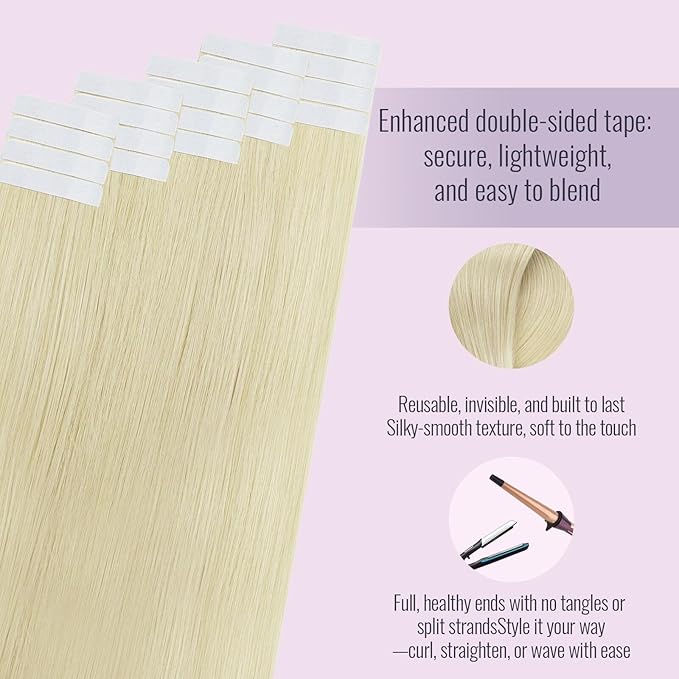 Fshine Blonde Tape in Hair Extensions Human Hair 60 Platinum Blonde Tape in Extensions 18 Inch Skin Weft 50 g 20 pcs, for Women, Ladies and Girls