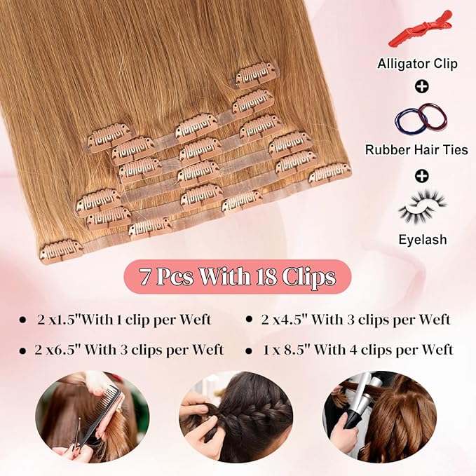 Seamless Clip in Hair Extensions Real Human Hair For Women 125g 20 Inch Dark Brown and Light Beige Blonde Balayage Invisible PU Skin Weft Remy Human Hair Extensions clip ins 7Pcs 18 Clips