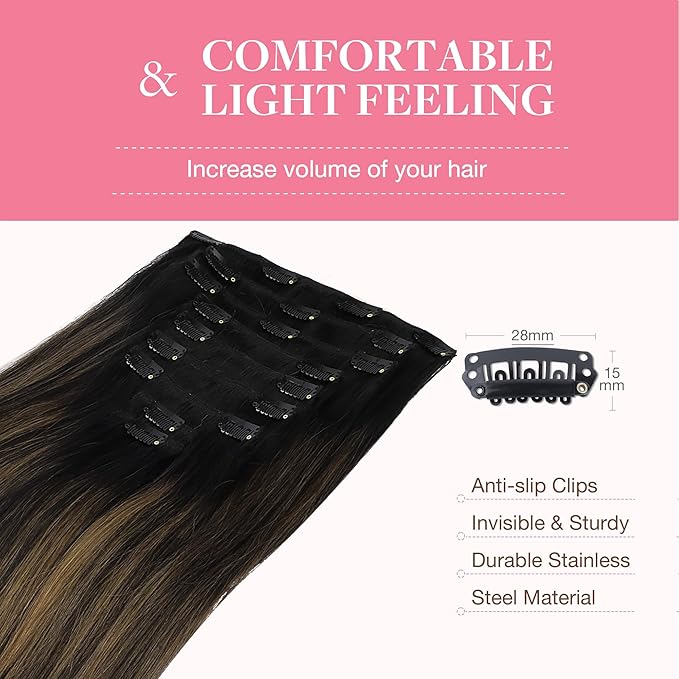 GOO GOO Clip in Hair Extensions Real Human Hair, Remy Human Hair Extensions Clip ins for Women, Natural Human Hair, 22inch 150g 9Pcs, 1B/6/1B Balayage Natural Black to Chestnut Brown