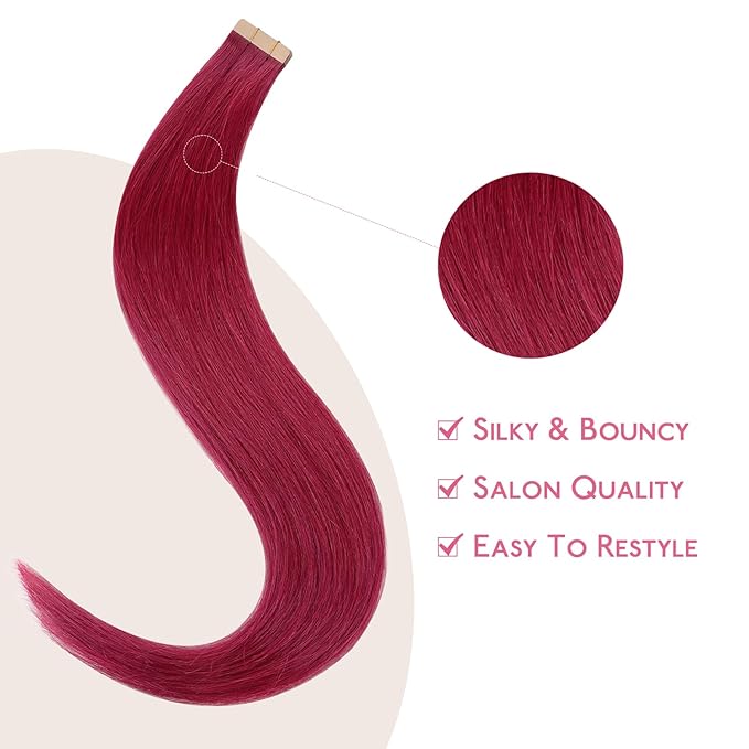 WENNALIFE Tape in Hair Extensions Human Hair Burgundy Red Tape in Extensions, 10pcs 25g 16 inch Remy Invisible Tape Ins Straight Colored Soft Real Human Hair Tape in Extensions Refill Set Extensions
