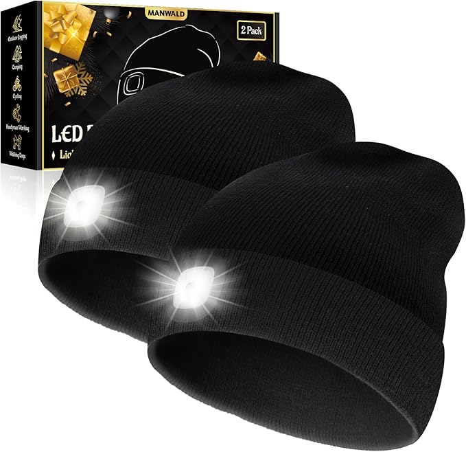 LED Beanie Hat with Light, USB Rechargeable LED Headlamp, Gifts for Men, Christmas Stocking Stuffers for Men Adults, Birthday Gifts for Him Dad Husband, Boyfriends, Black, 2PCS