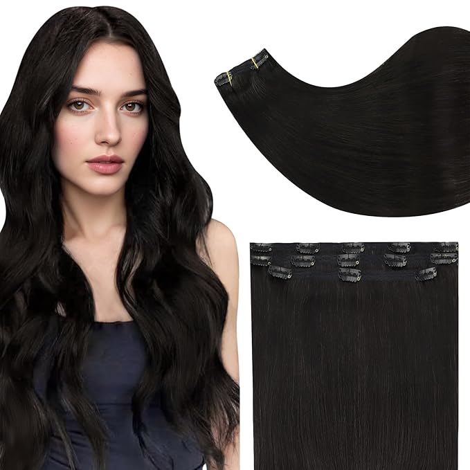 Full Shine Black Clip in Hair Extensions 16 Inch Human Hair Extensions Clip in for Women with Lace Weft Invisible Hair Add Volume Softness 3 Pcs 60 G