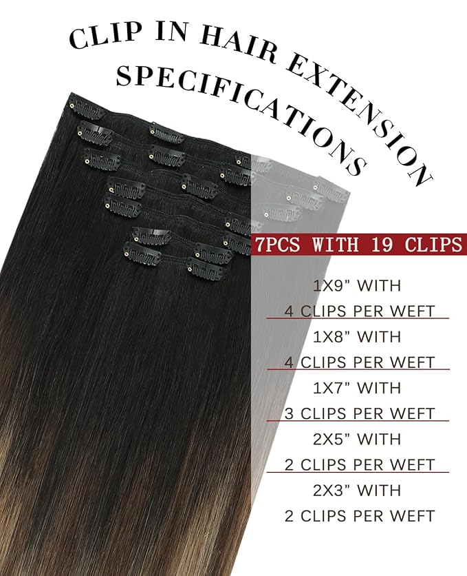 Clip in Hair Extensions Real Human Hair, 20 Inch 160g,Natural Black Roots Chocolate Brown With Caramel Blonde, Clip On Hair Extensions 7pcs Per Set with 19 Clips(#1B/4/27,20")