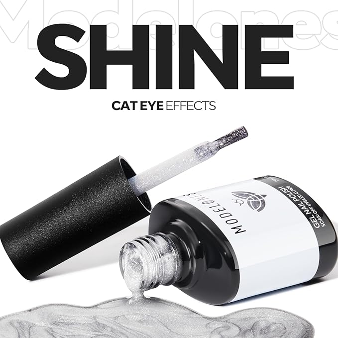 modelones Silver Cat Eye Gel Nail Polish Glitter White Cat Eye Gel Polish Clear 9D Holographic High Density Crystal Nail Polish with Magnet Soak Off U V Shimmer Polish Christmas Nail 15ML