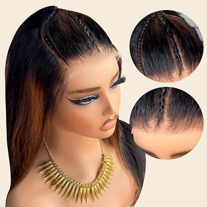 AMIRTY 32 Inch Ombre Braided Lace Front Wig Human Hair Glueless Braided Wigs Human Hair Pre Plucked for Women Highlight Straight Wigs Human Hair 9x6 HD Lace Front Wigs Bleached Knots