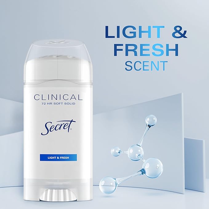 Secret Clinical Strength Antiperspirant Deodorant for Women, 3X Stress Protection, 72hr Sweat & Odor Protection, PH Balancing Minerals, Soft Solid, Light & Fresh Scent, 2.6 oz (Pack of 2)