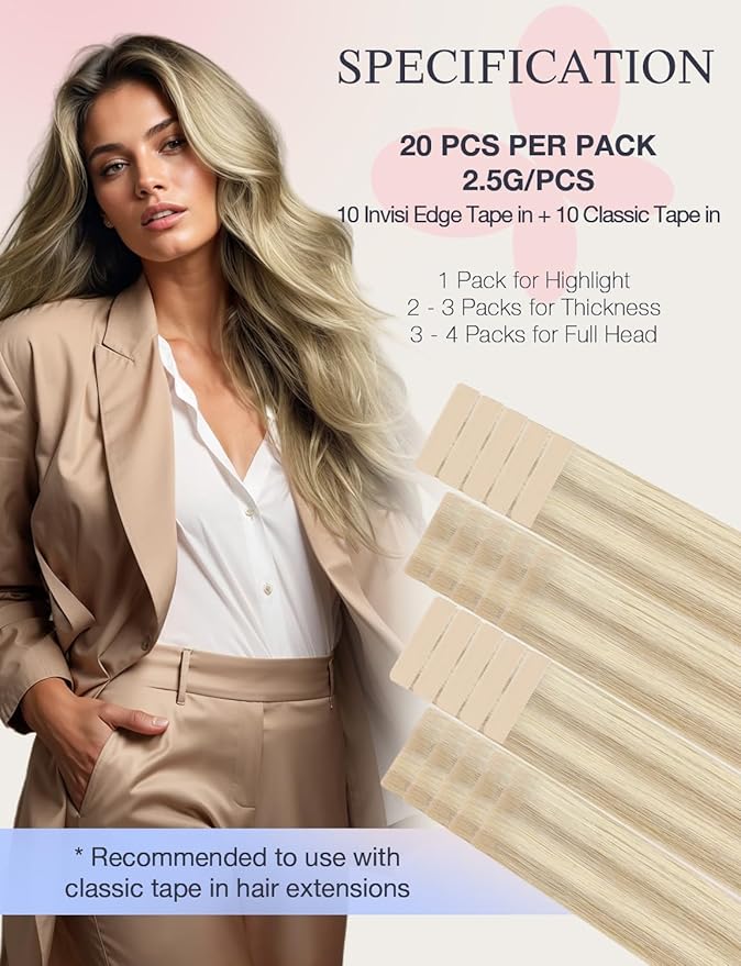 DOORES Invisi Edge Tape in Hair Extensions Human Hair, Dark Blonde Highlighted Bleach Blonde 10 Injection Tape-ins with 10 Classic Tape-ins 50g 18 Inch, Injected Tape in Extensions