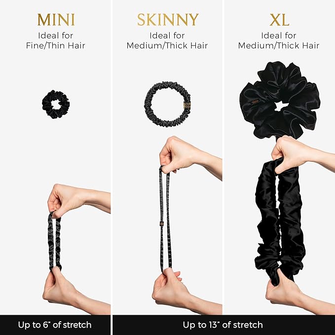 Authentic Mulberry Silk Skinny Hair Match Scrunchies for Women, Anti Breakage Hair Ties for Curly Thick & Thin Hair, 100% Silk for Buns & Ponytail, Silver/Deep Grey (4 Pack)