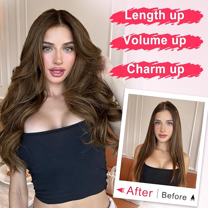ALXNAN Long Wavy Hair Extensions for Women, Clip in Hair Extensions Clip Ins Soft Full Head Synthetic Hairpieces 20 Inch Light Brown