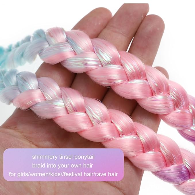 Colored Hair Extensions Ponytail Extension Colorful 2 Packs, 20 inch Crazy Hair Day Accessories for Women, DIY Festival Wacky Rave Braids,Tinsel Mixed