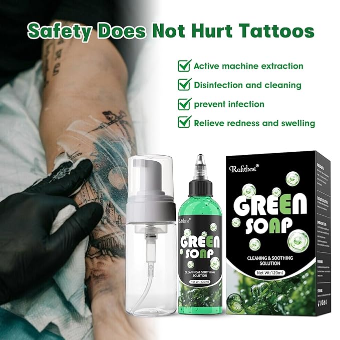 Green Tattoo Soap 4OZ with Foaming Bottle 120ml, Tattoo Supplies for Tattoos Piercings