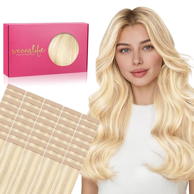 WENNALIFE Tape in Hair Extensions Human Hair, 40pcs 100g 24 inch Balayage Light Wheat Platinum Blonde Hair Extensions Real Human Hair Straight Tape in Extensions Invisible Human Hair Extensions Reusab