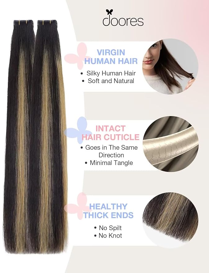 DOORES Invisi Edge Tape in Hair Extensions, Natural Black to Light Blonde 20 Injection Tape-ins with 20 Classic Tape-ins 100g 16 Inch, Injected Tape in Extensions Virgin Hair