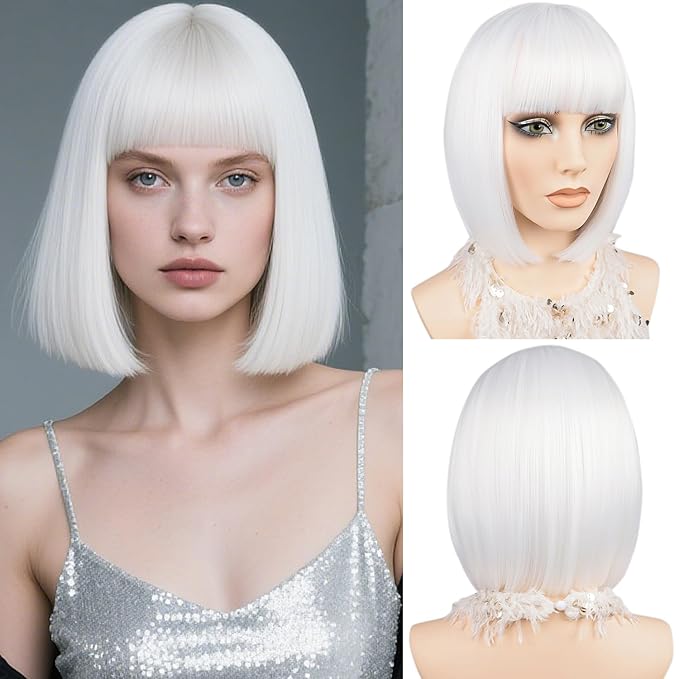 MAYSA White Bob Wig with Bangs Short Straight Bob Wigs 12in Synthetic Cosplay Daily Party Colorful Wigs for White Women # White