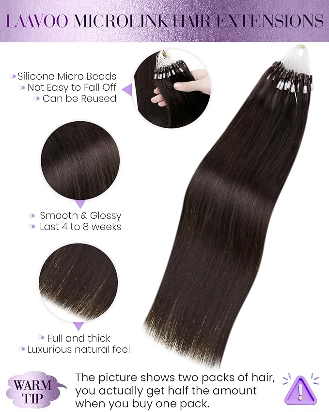 LaaVoo Micro Loop Hair Extensions Real Human Hair Dark Brown Micro Bead Hair Extensions Real Human Hair Brown 14 Inch 1g/Strand 50g