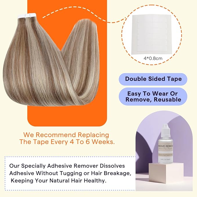 Full Shine Tape in Hair Extentions Human Hair 16 Inch Tape in Extentions Human Hair Color 10 Highlight 613 Bleach Blonde Seamless Remy Human Hair Extensions Tape ins 50g 20PCS for Party