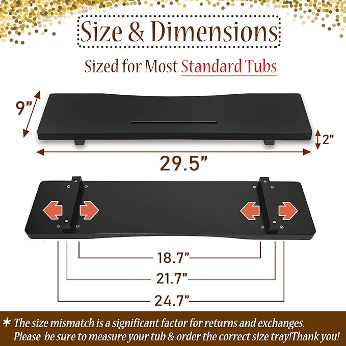 Stylish Black Bamboo Bathtub Tray Caddy with Adjustable Legs, Minimalistic Design Bath Tray for Tub, Bathtub Accessories, Fits Most Standard Bath Tubs, Idea for Women