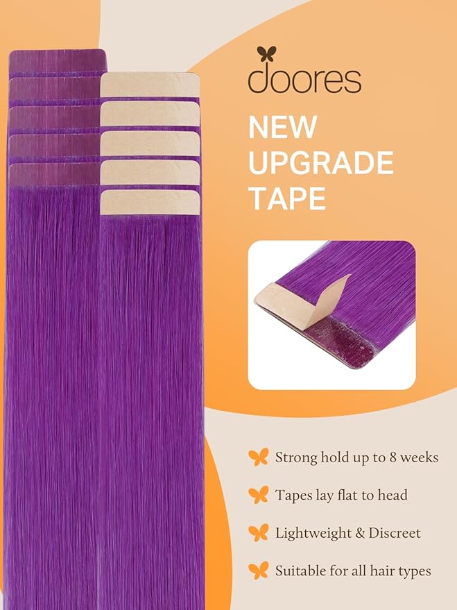 DOORES Hair Extensions Real Human Hair, Purple 22 Inch 30g 10pcs, Tape in Hair Extensions Real Human Hair Seamless Straight Remy Hair Extensions Tape ins